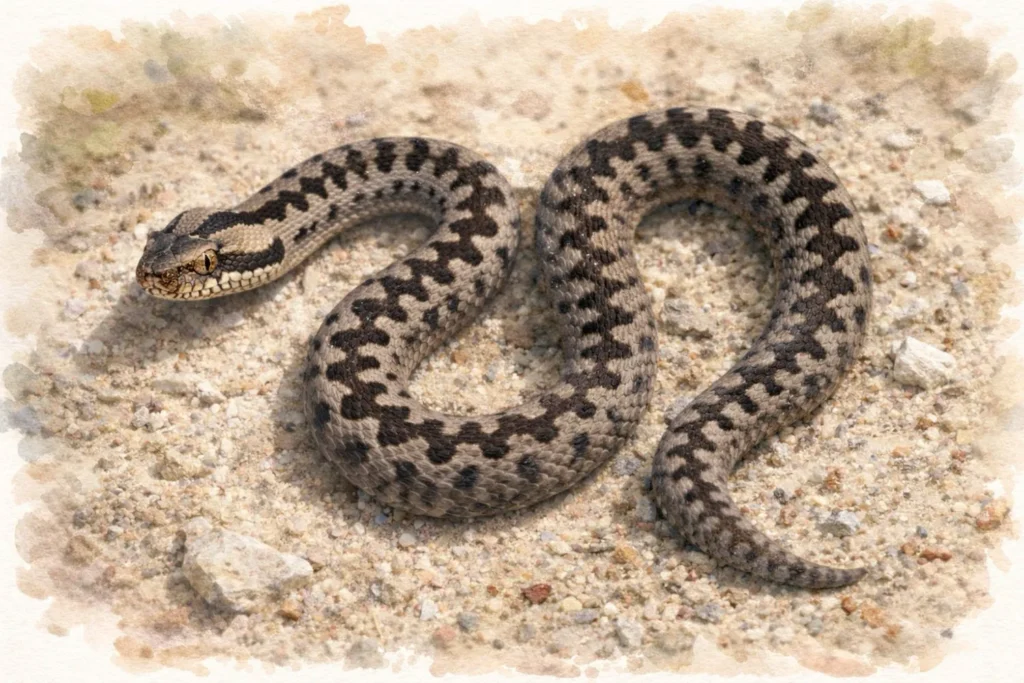 Kreuzotter mit typischem Zickzackmuster und deutlich abgesetztem Kopf