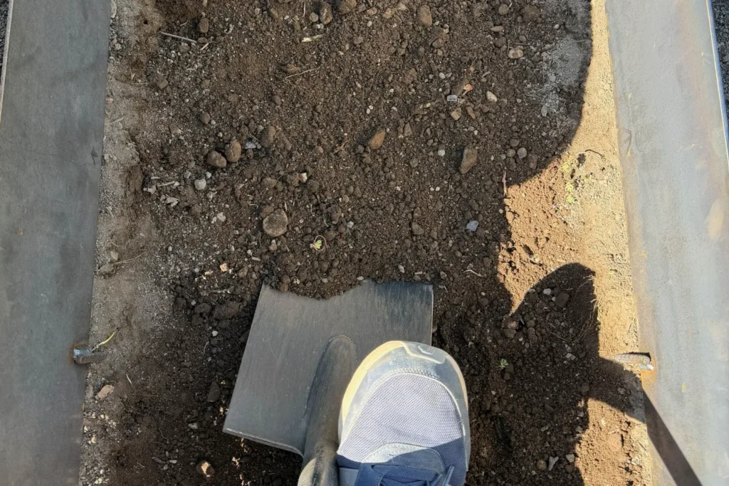 Erde innerhalb des Cortenstahlrahmens wird für ein Magerbeet abgetragen