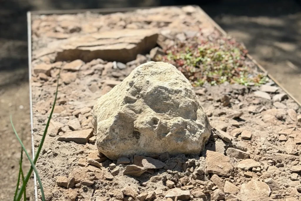 Fertig vorbereitetes Magerbeet mit Kalkstein, Splitt und mineralischem Substrat in Cortenstahl-Einfassung