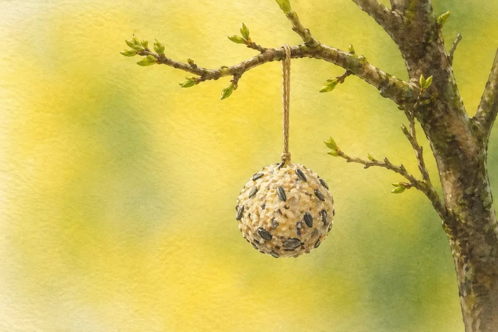 Meisenglocke hängt an Ast im Baum im Aquarellstil