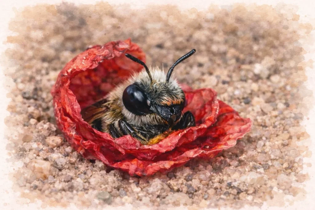 Mohnbiene (Osmia papaveris) nutzt Blütenblätter zum Auskleiden ihrer Brutzellen