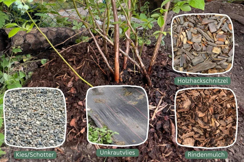 Rindenmulch, Schotter und Unkrautvlies verhindern offene Bodenstellen für Wildbienen