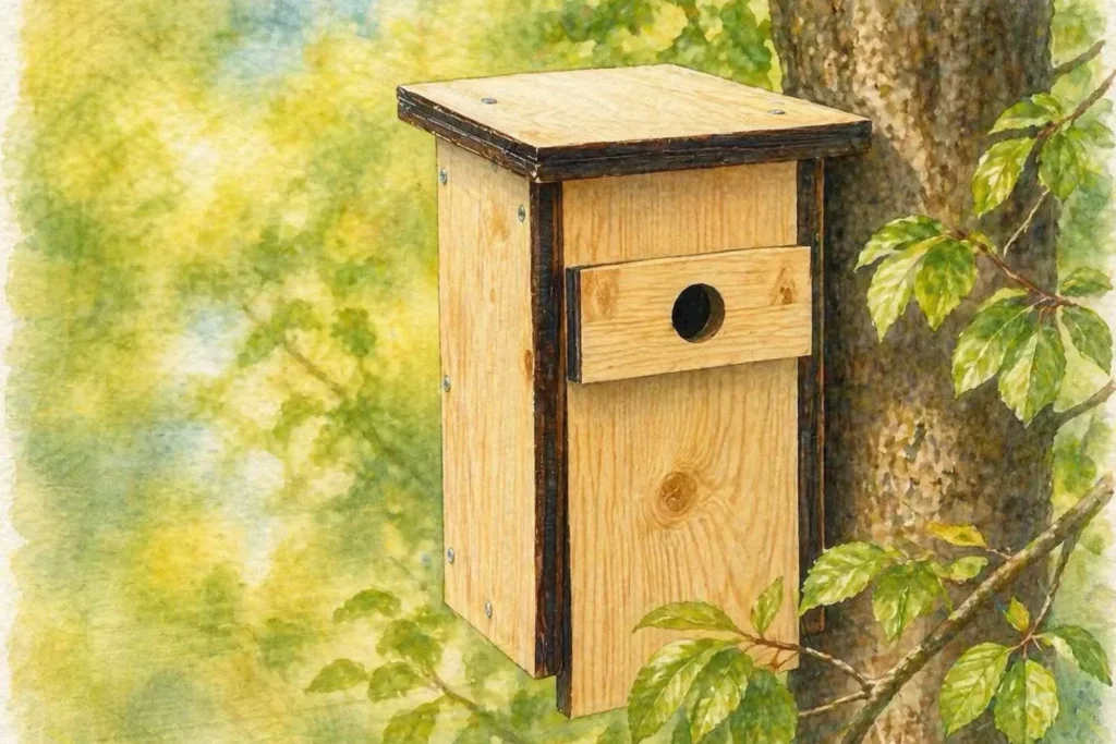 Holz-Nistkasten an Baum im Garten im Aquarellstil