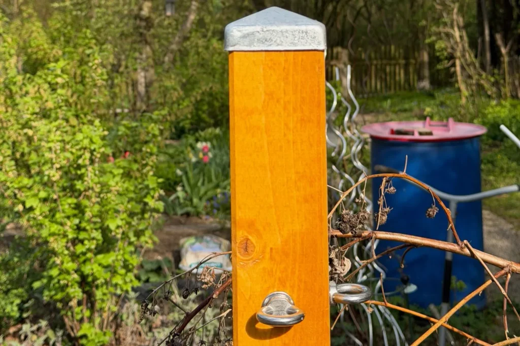 Pfostenkappe und Ringschraube an Holzpfosten einer Rankhilfe in Nahaufnahme