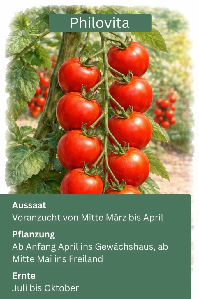 Philovita Cherrytomate mit roten runden Früchten an langer Rispe