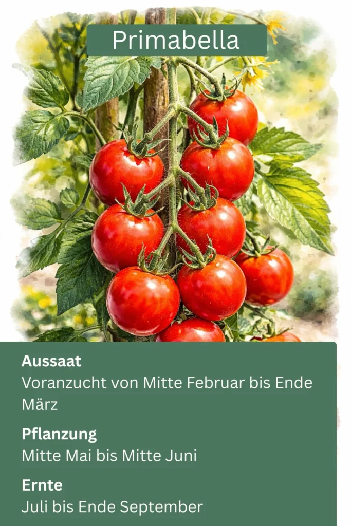 Primabella-Tomate mit roten Früchten an der Pflanze im Freiland