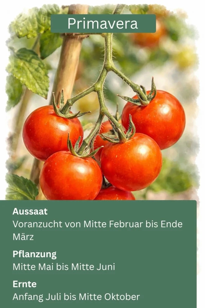 Primavera-Tomate als rote Kirschtomate an der Pflanze mit kompakter Fruchttraube