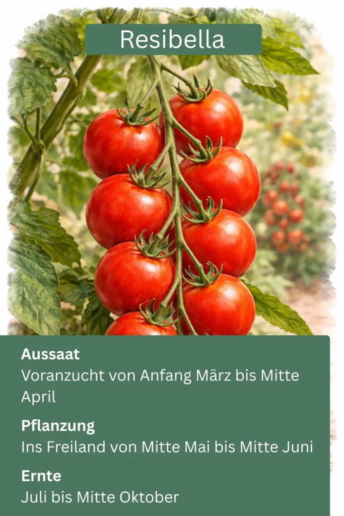 Resibella Tomate mit runden roten Früchten an der Pflanze
