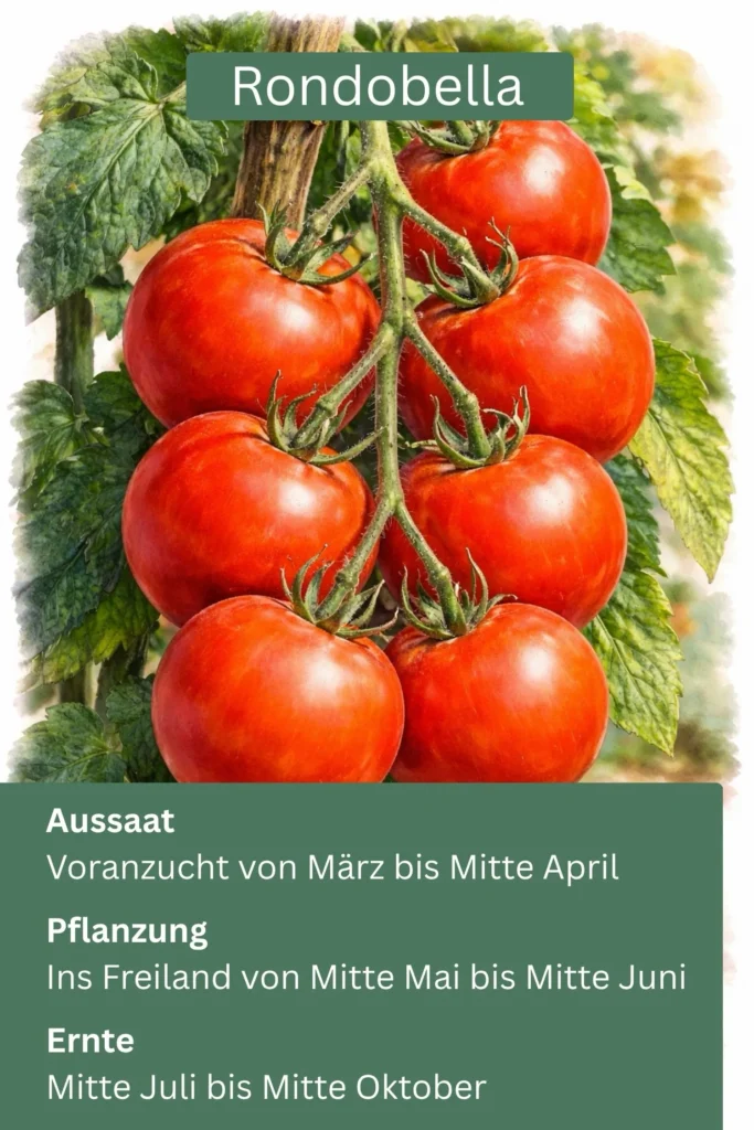 Rondobella Tomate mit größeren roten Früchten an einer Rispe