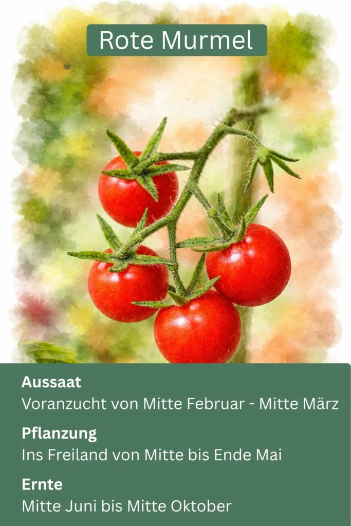 Rote Murmel Wildtomate mit kleinen roten Früchten an der Pflanze als robuste Freilandtomate