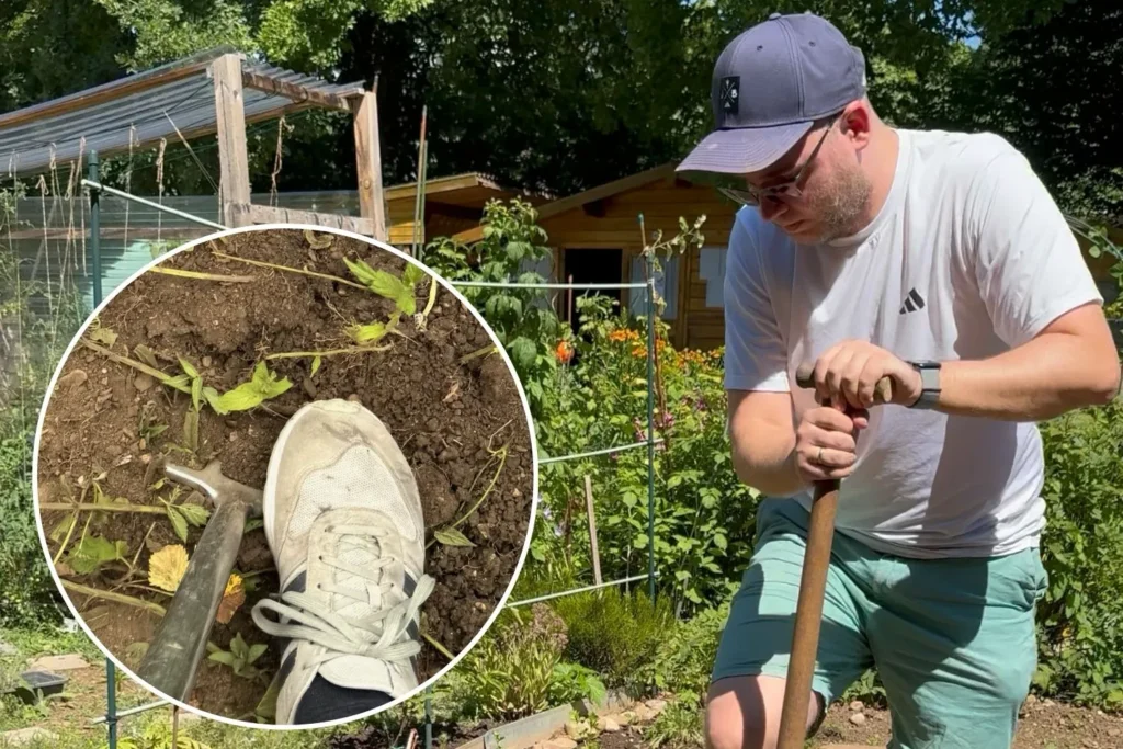 Gärtner entfernt Unkraut und Wurzelreste auf einer Schrebergartenfläche mit Spaten