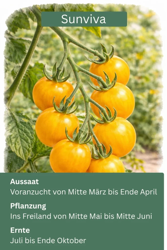 Sunviva Tomate mit gelben runden Früchten an einer Rispe