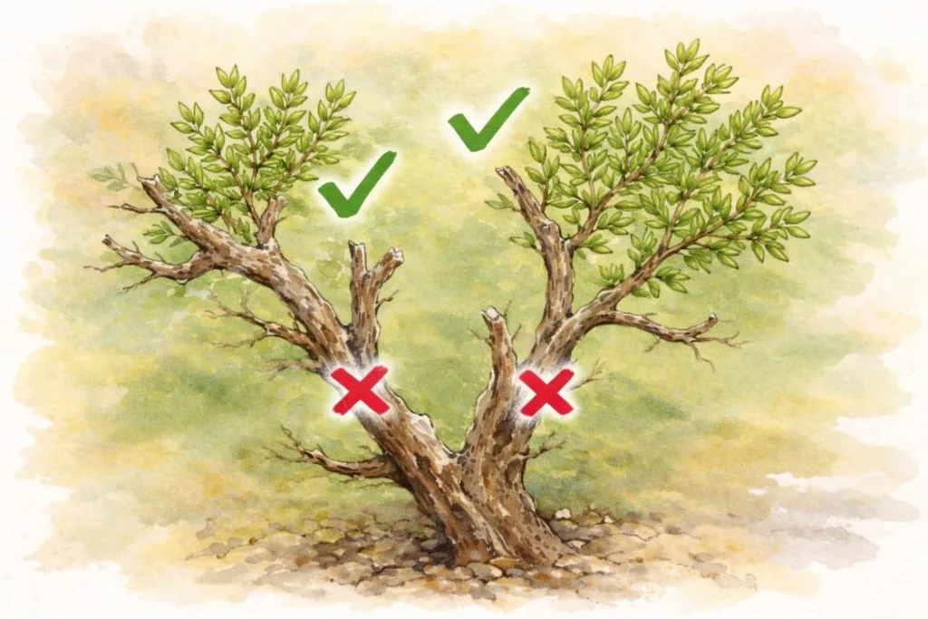 Aquarellillustration eines verholzten Thymians mit roten Kreuzen an falschen Schnittstellen im alten Holz