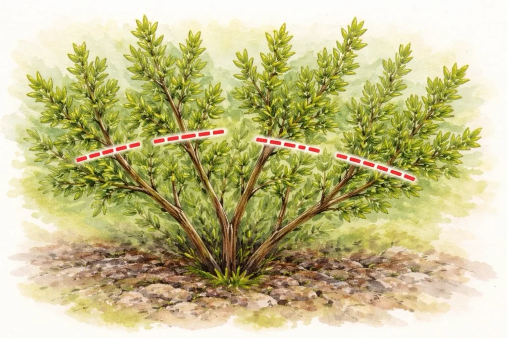 Aquarellillustration eines Thymianstrauchs mit markierter Schnittlinie für den richtigen Rückschnitt im grünen Bereich