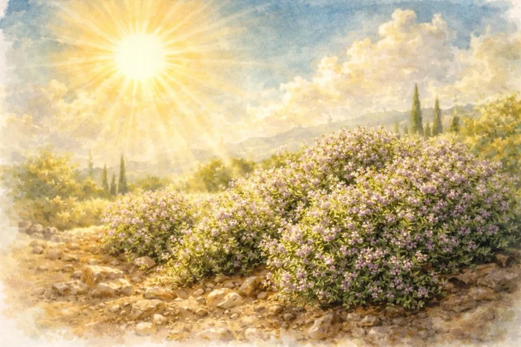 Aquarellillustration blühender Thymianpflanzen an sonnigem mediterranem Standort mit trockenem Boden