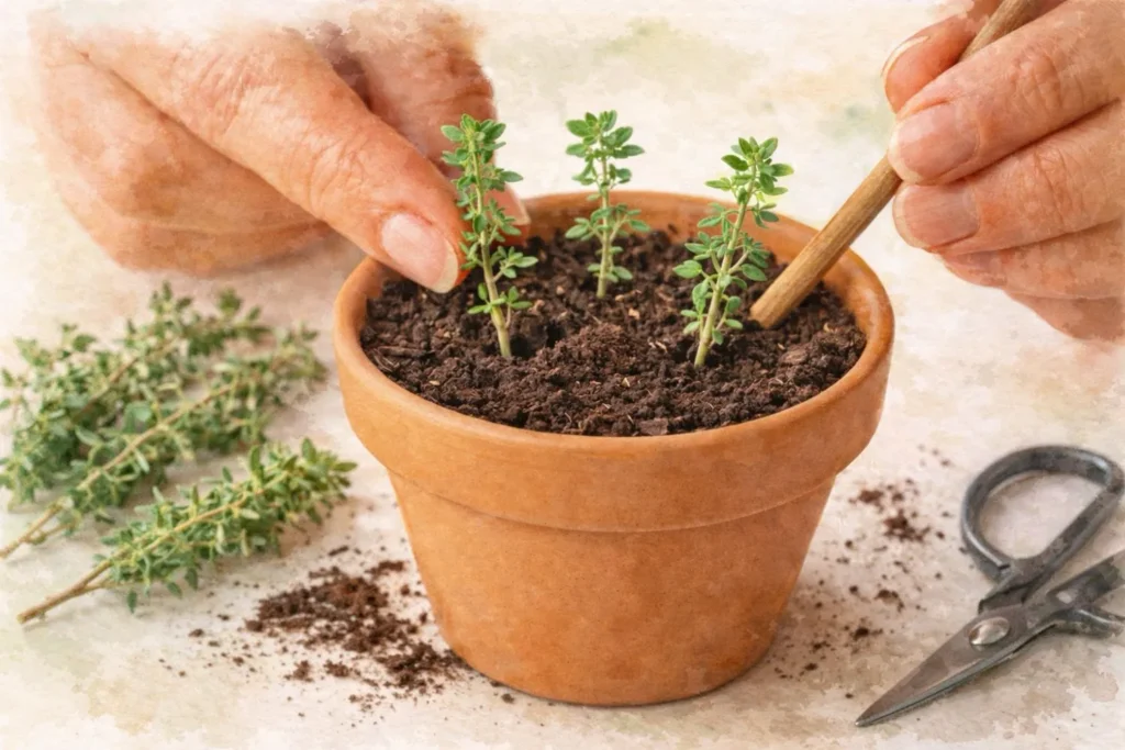 Aquarellbild von Thymian-Stecklingen in einem Terrakottatopf zur Vermehrung