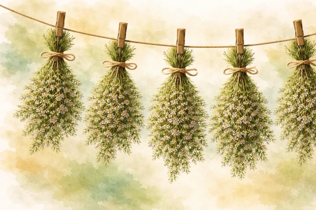 Aquarellillustration mehrerer aufgehängter Thymian-Bündel zum Trocknen an einer Schnur
