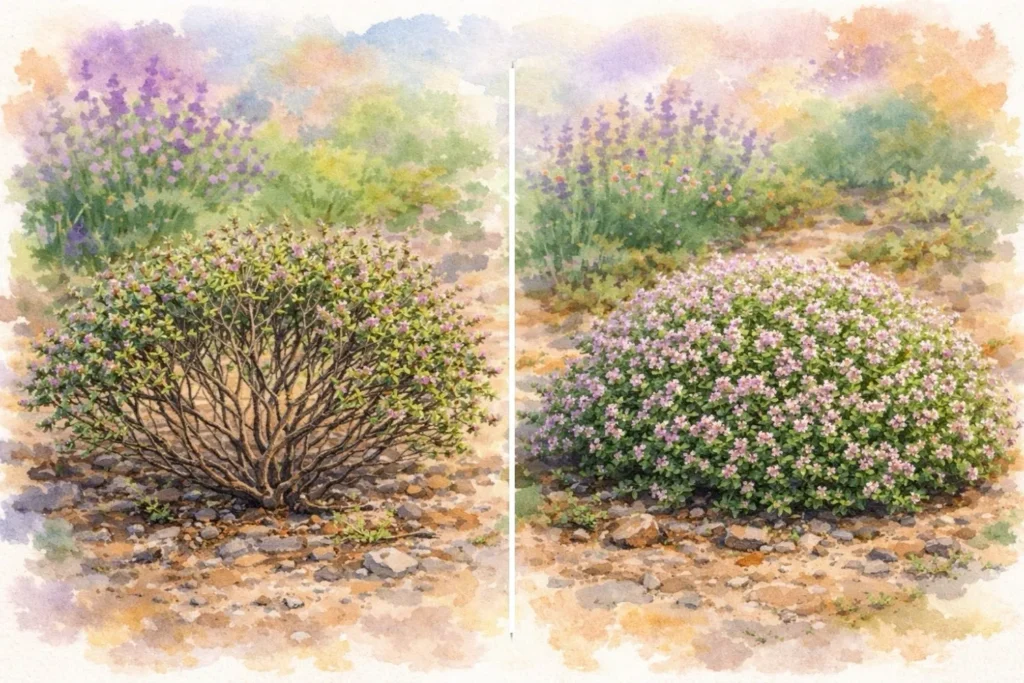 Vergleich zwischen verholztem und dicht gewachsenem gesunden Thymianstrauch als Aquarellillustration