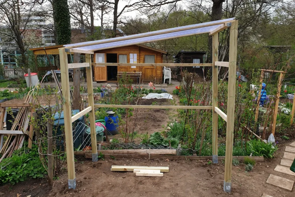 Selbst gebautes Tomatenhaus mit transparentem Dach im Kleingarten als Regenschutz für Freilandtomaten