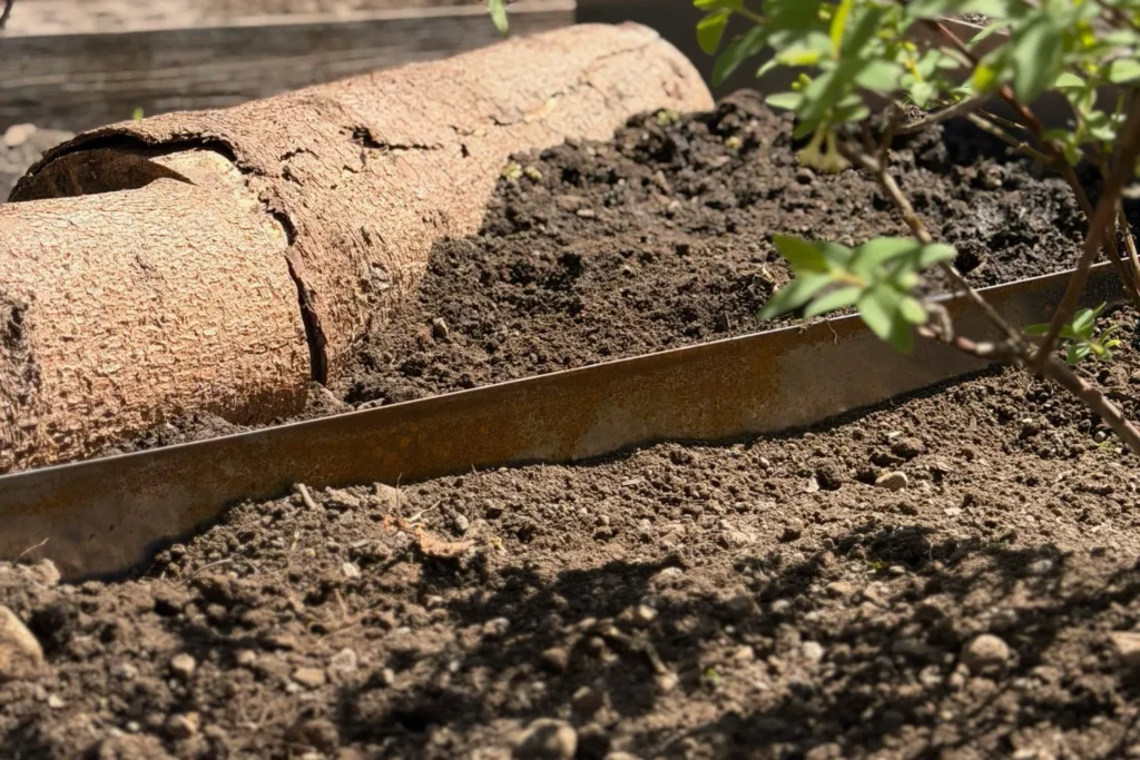 Totholz und Erde mit Cortenstahl-Beeteinfassung als natürliche Strukturhilfe