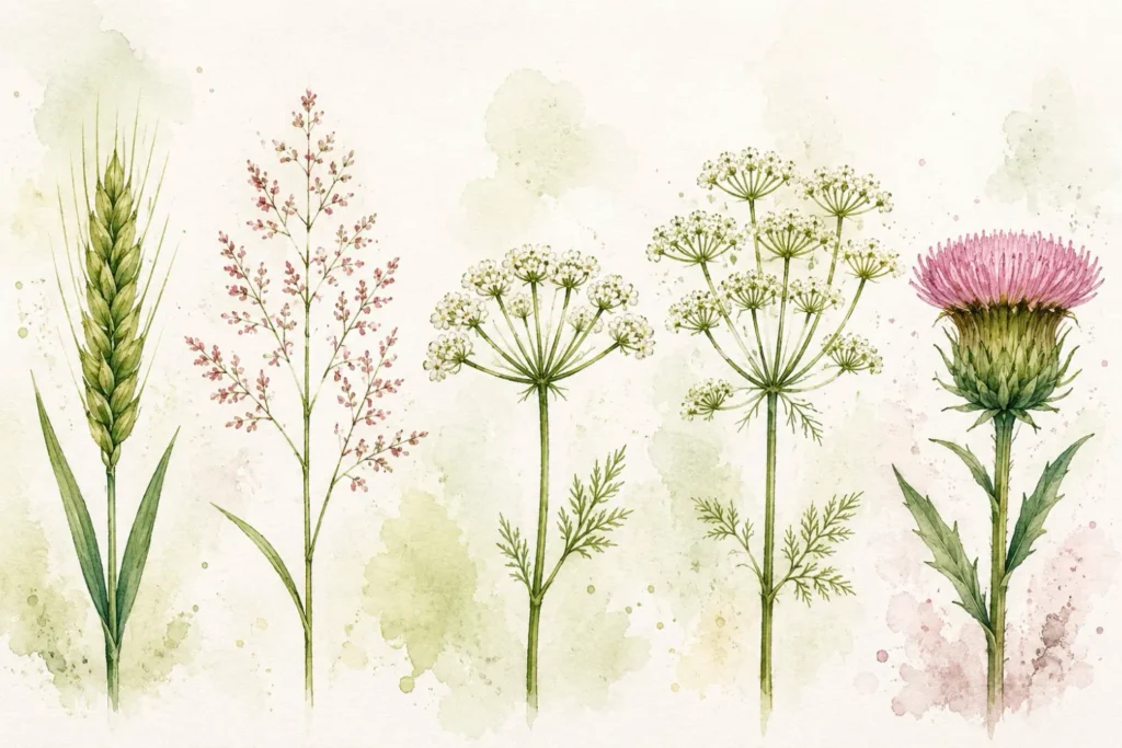Aquarellillustration verschiedener Blütenstände mit Ähre, Rispe, Dolde, Doppeldolde und Korbblüte in botanischem Vergleich auf hellem Hintergrund