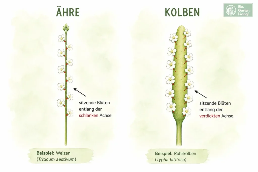 Vergleich zwischen Ähre und Kolben als schematische Aquarellgrafik mit schlanker und verdickter Blütenachse am Beispiel von Weizen und Rohrkolben
