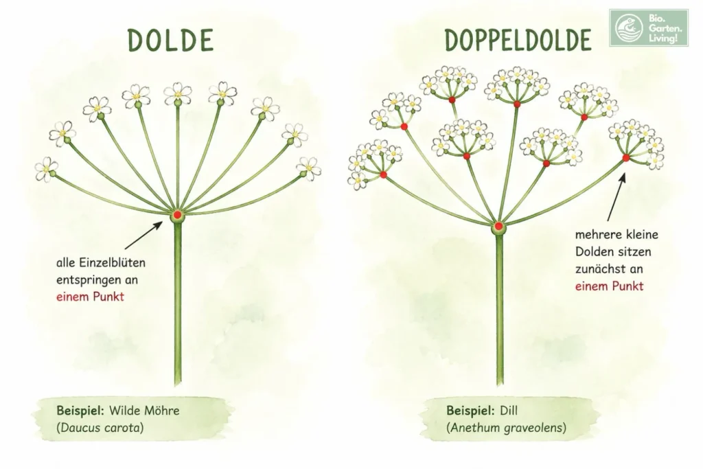Vergleich zwischen Dolde und Doppeldolde als schematische Aquarellgrafik mit typischen Blütenständen von Wilder Möhre und Dill