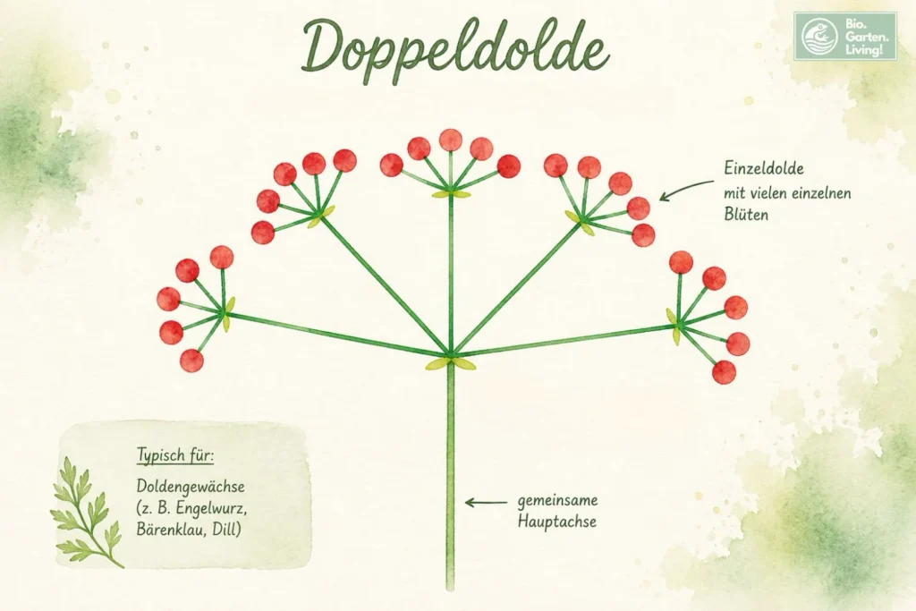 Schematische Darstellung einer Doppeldolde mit mehreren kleinen Dolden an einer gemeinsamen Hauptachse im Aquarellstil