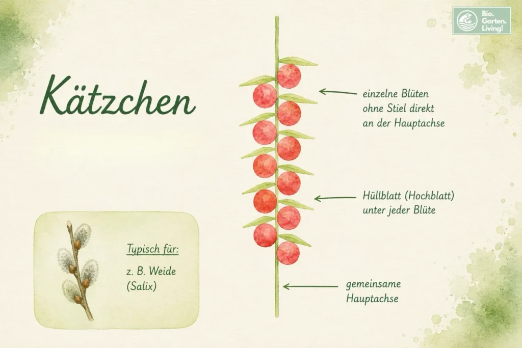 Schematische Darstellung eines Kätzchens als dichter Blütenstand mit sitzenden Blüten im Aquarellstil