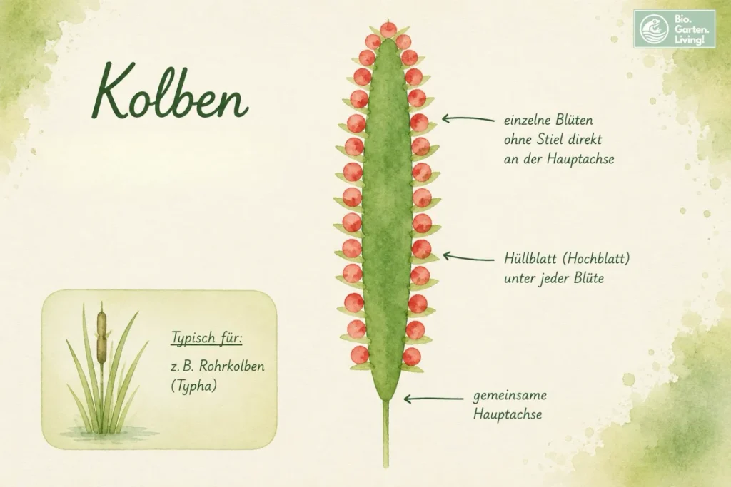 Botanische Illustration eines Kolbens mit dicht sitzenden Blüten auf verdickter Hauptachse im Aquarellstil