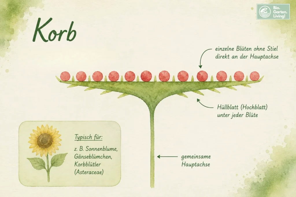 Illustration eines Korbs als Blütenstand mit vielen dicht stehenden Einzelblüten auf verbreiterter Achse im Aquarellstil