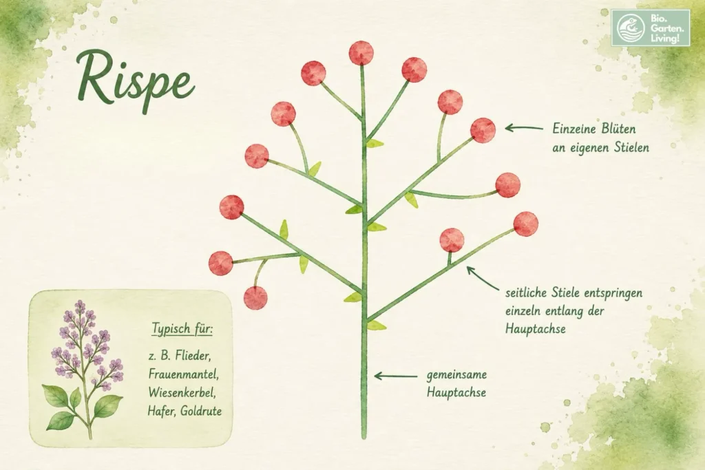 Botanische Illustration einer Rispe mit verzweigten Seitenachsen und einzelnen Blüten im Aquarellstil