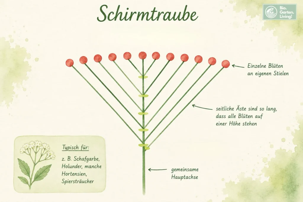 Illustration einer Schirmtraube mit unterschiedlich langen Seitenstielen und Blüten auf gleicher Höhe im Aquarellstil