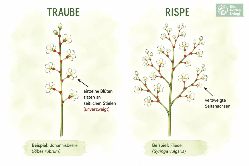 Vergleich zwischen Traube und Rispe als schematische Aquarellgrafik mit unverzweigten und verzweigten Blütenständen von Johannisbeere und Flieder