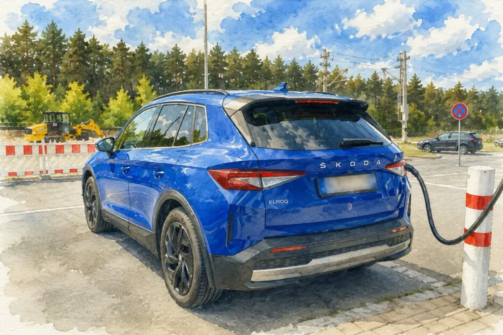 Großes Elektro-SUV an einer Ladesäule im Aquarellstil