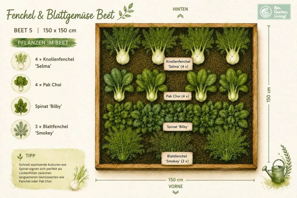 Illustrierter Beetplan mit Knollenfenchel, Pak Choi, Spinat und Blattfenchel auf 150x150 cm.