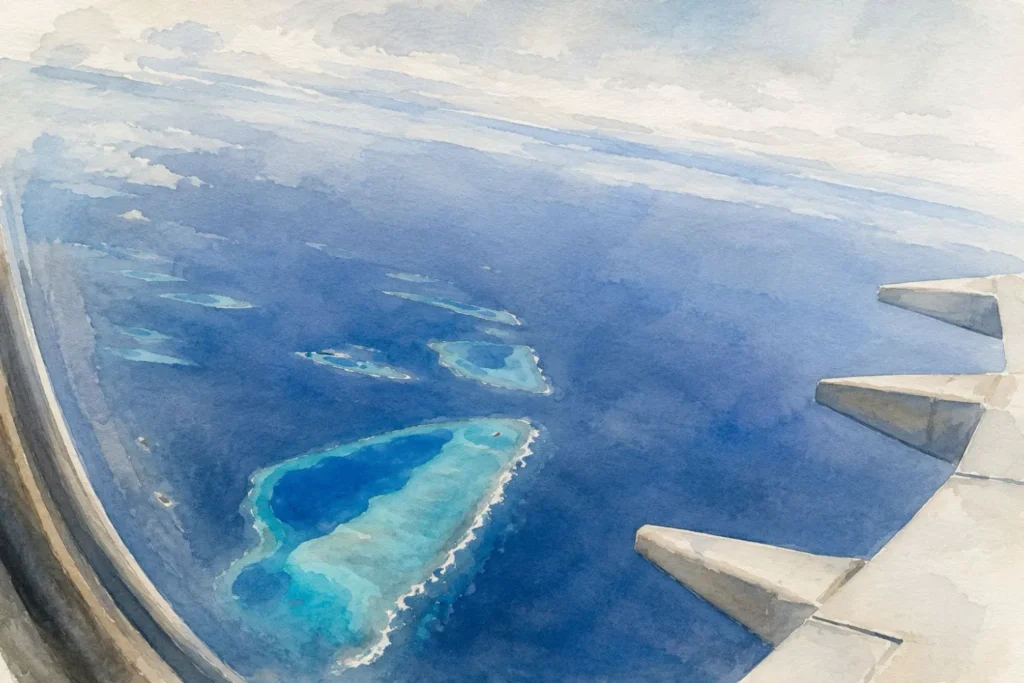 Aquarellansicht aus einem Flugzeugfenster über den Malediven