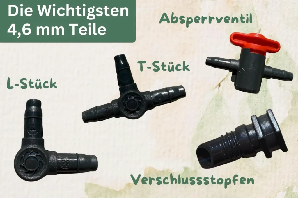 Wichtige Gardena Micro-Drip-System Komponenten für das 4,6-mm-System mit T-Stück, Absperrventil und Verschlussstopfen