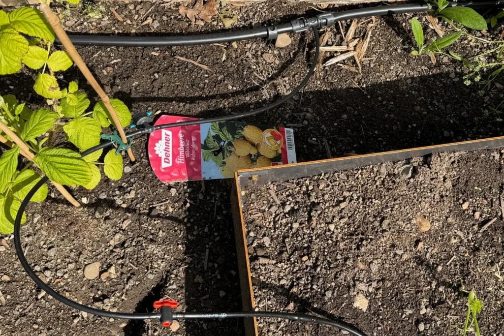Abzweigung der Gardena Micro-Drip-Hauptleitung mit Absperrventil und Tropfschlauch im Gemüsebeet