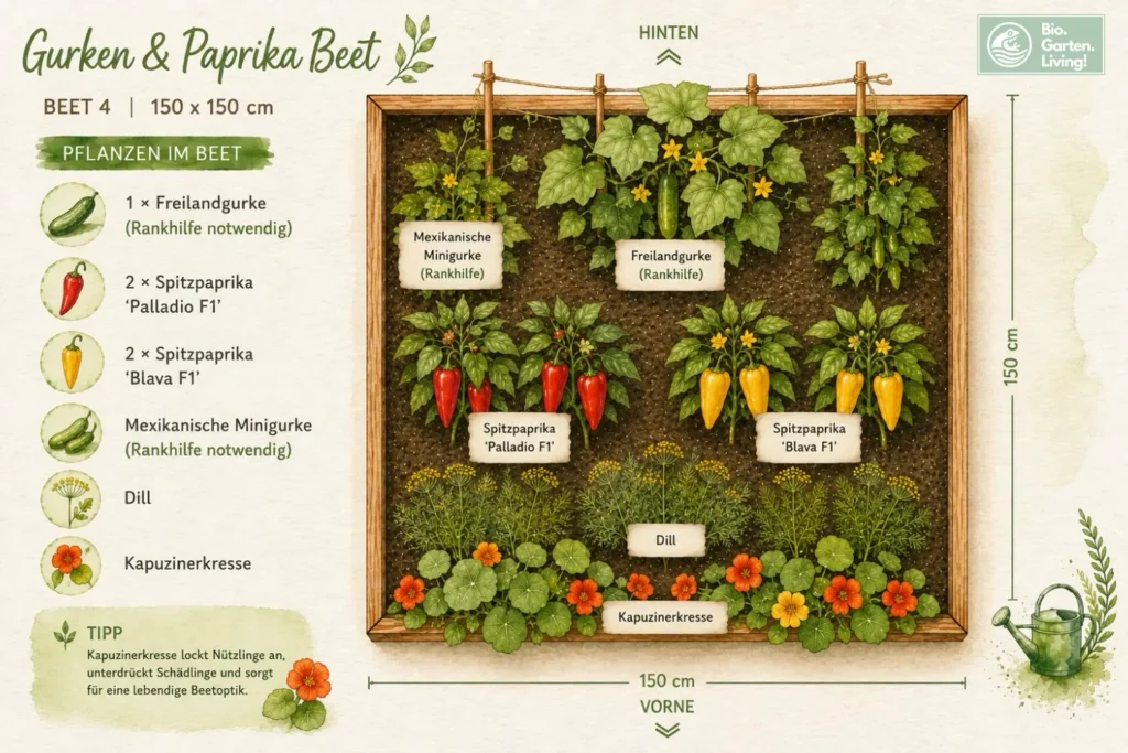 Illustrierter Pflanzplan für ein Beet mit Freilandgurke, Spitzpaprika, Mexikanischer Minigurke, Dill und Kapuzinerkresse.