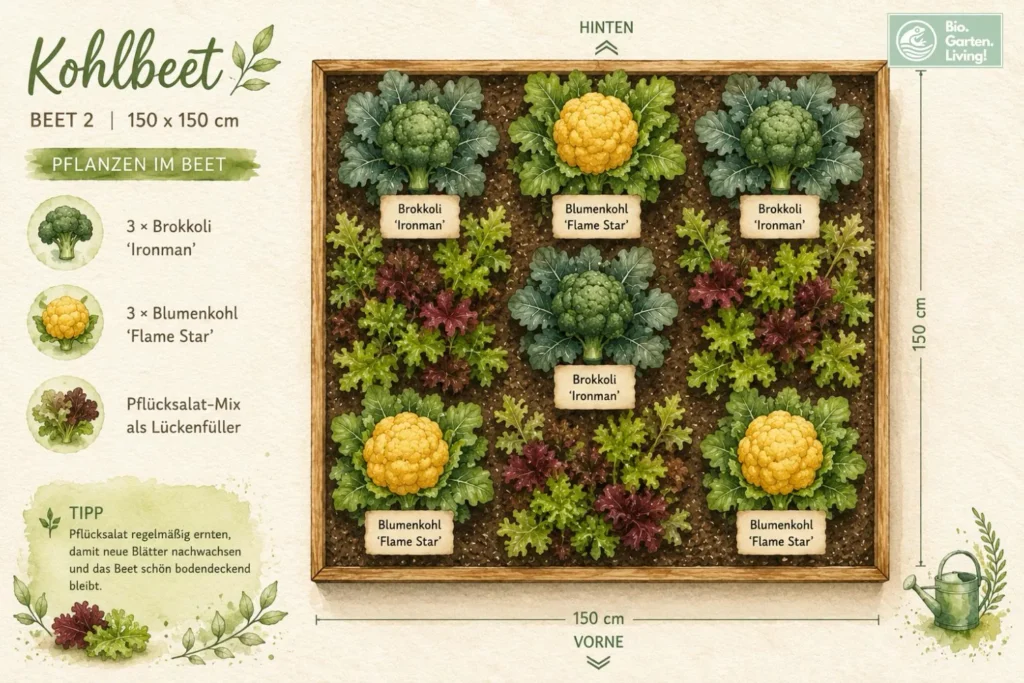 Illustrierter Pflanzplan für ein Kohlbeet mit Brokkoli, gelbem Blumenkohl Flame Star und Pflücksalat als Lückenfüller.