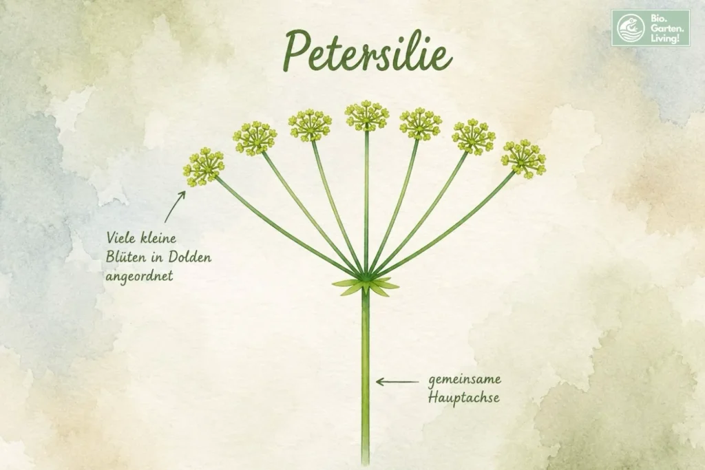Botanische Aquarellillustration einer Petersilien-Dolde mit kleinen gelbgrünen Einzelblüten