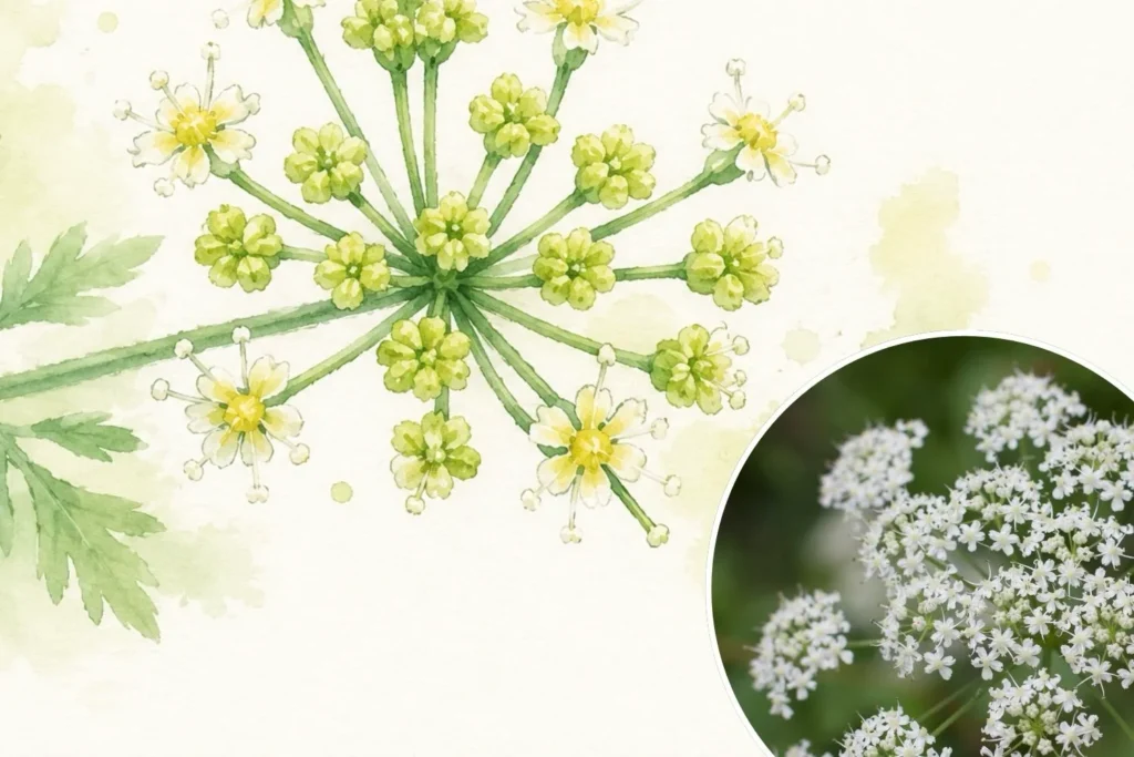 Aquarellillustration einer Petersilienblüte mit typischer Doldenstruktur