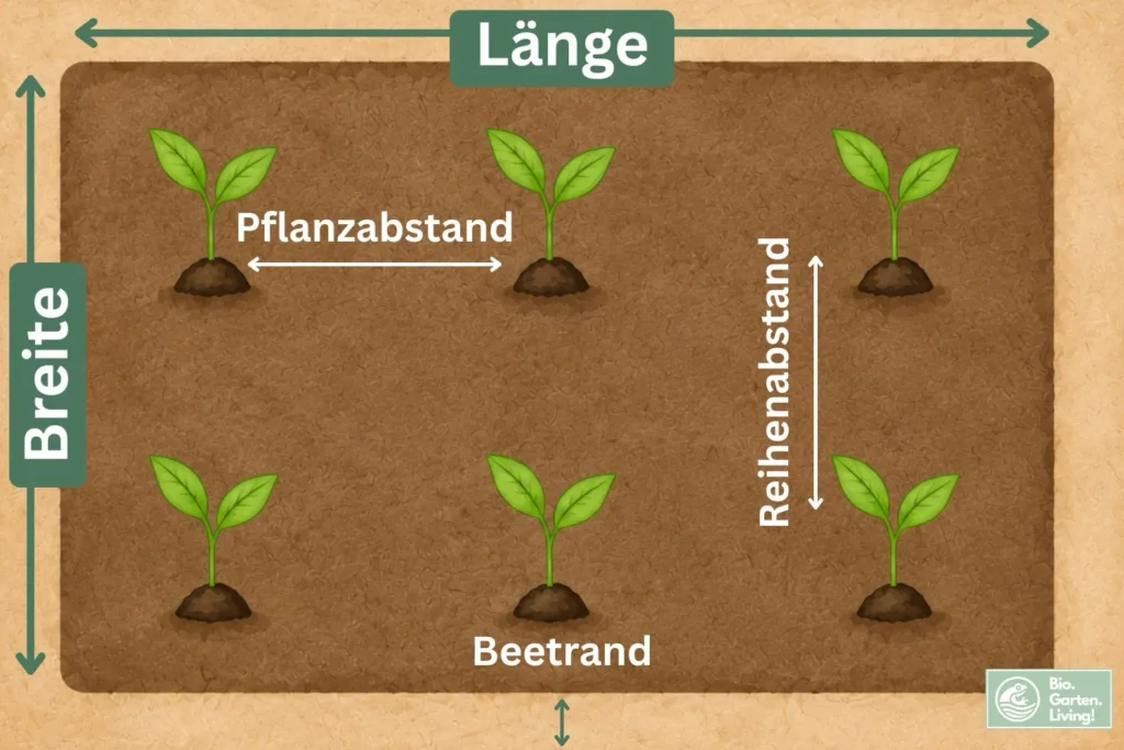 Grafik zum Pflanzabstand-Rechner mit Beetlänge, Beetbreite, Pflanzabstand, Reihenabstand und Abstand zum Beetrand