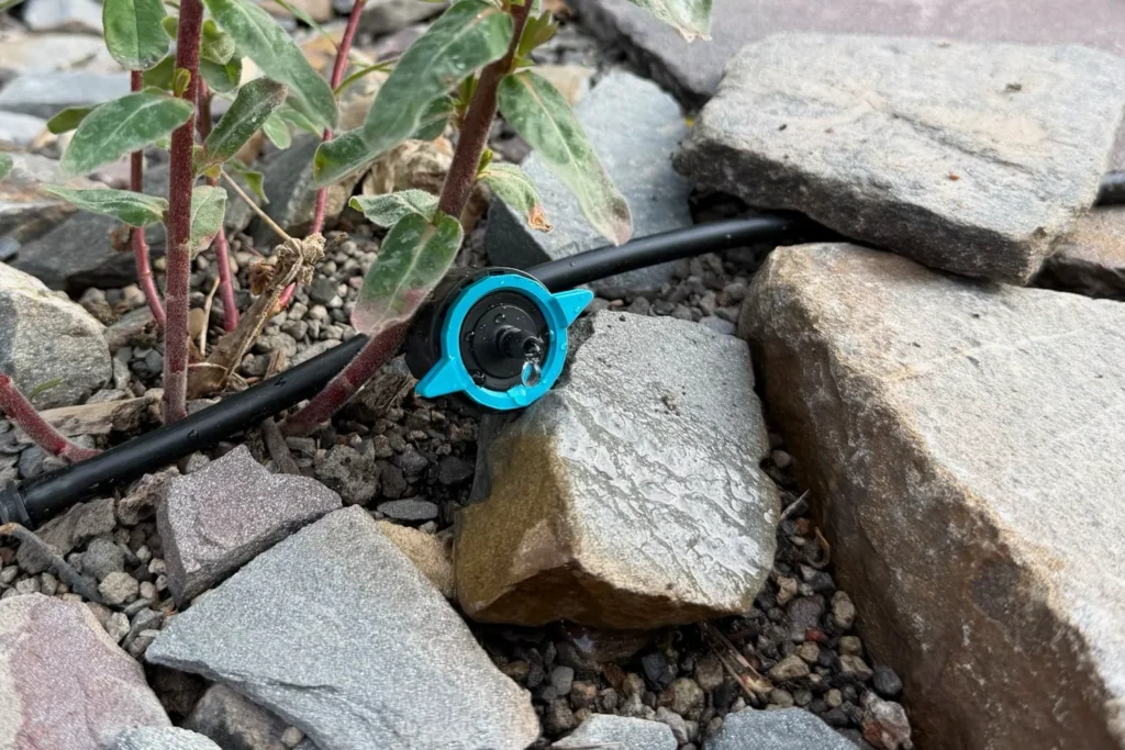 Regulierbarer Tropfer mit geringer Wassermenge zwischen Steinen im Garten