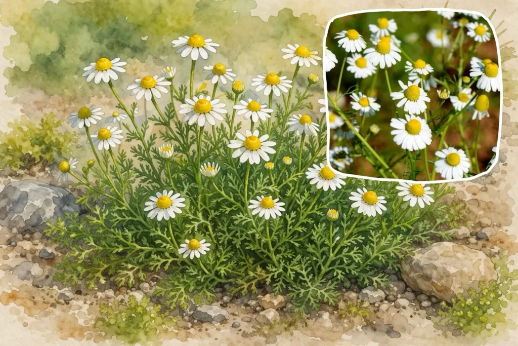 Aquarell-Illustration der Römischen Scheinkamille mit weißen Blüten und gelber Mitte als niedriger Bodendecker