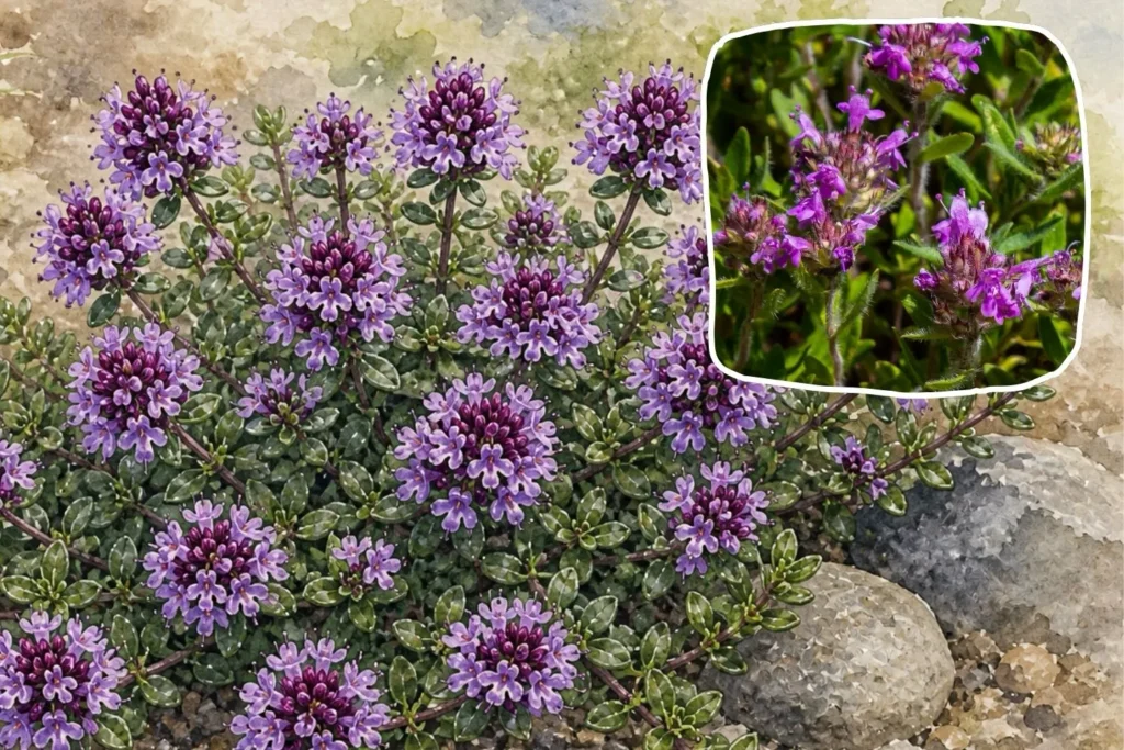 Aquarell-Illustration von Sand-Thymian mit violetten Blüten und dichtem, teppichartigem Wuchs