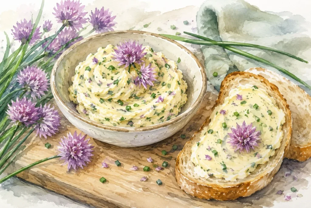Aquarellillustration von Schnittlauchblüten-Butter mit Brot und blühendem Schnittlauch