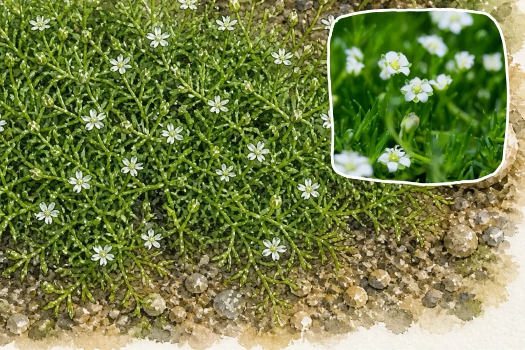 Aquarell-Illustration von Sternmoos mit feinen grünen Trieben und kleinen weißen Blüten