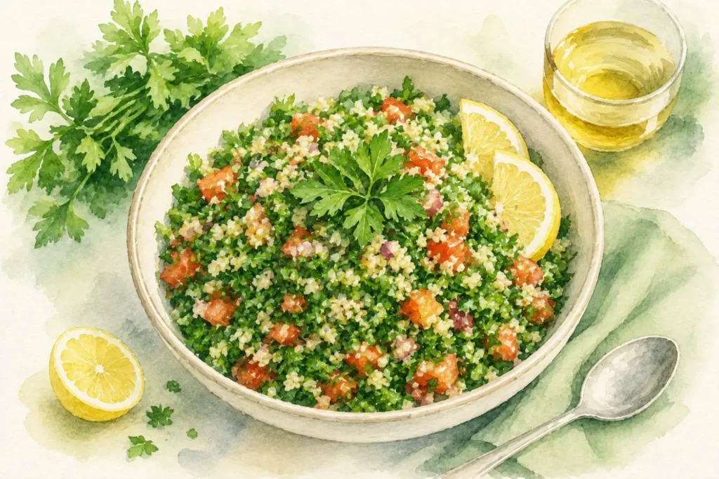 Aquarellillustration eines frischen Tabouleh-Salats mit viel Petersilie, Tomaten und Zitrone